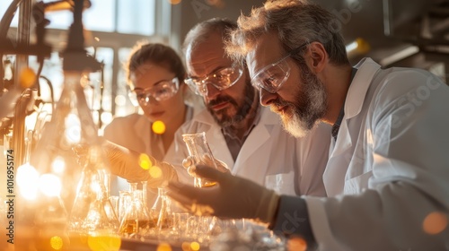 A team of scientists collaborating in a laboratory, analyzing chemical substances with enthusiasm, showcasing teamwork and dedication to scientific discovery.