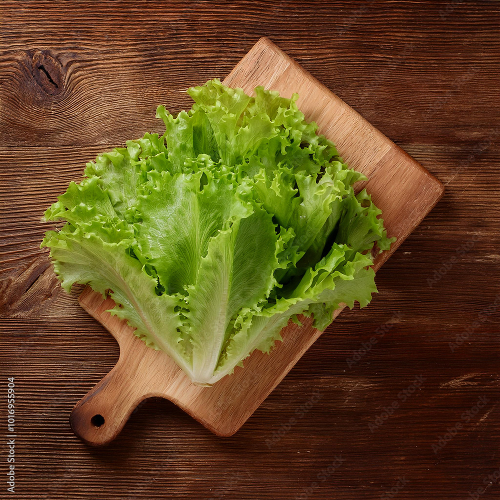 green lettuce on a wooden cutting board, isolated against a wooden background green lettuce on a wooden cutting board, isolated against a wooden background