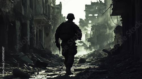 A soldier walks through a war-torn urban landscape, surrounded by destruction and smoke.