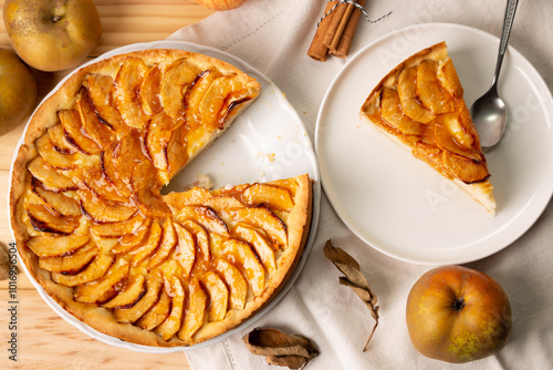 Autumn apple pie with pastry cream filling and jam cover,