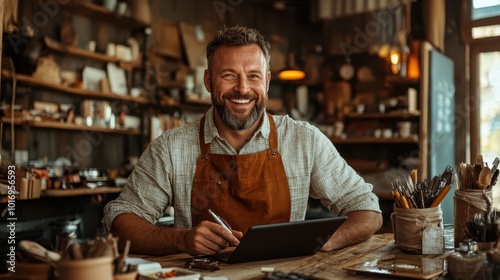 A bearded man in a brown apron smiles while working on a digital tablet in a rustic artisan shop, surrounded by various tools and craft items on the table.