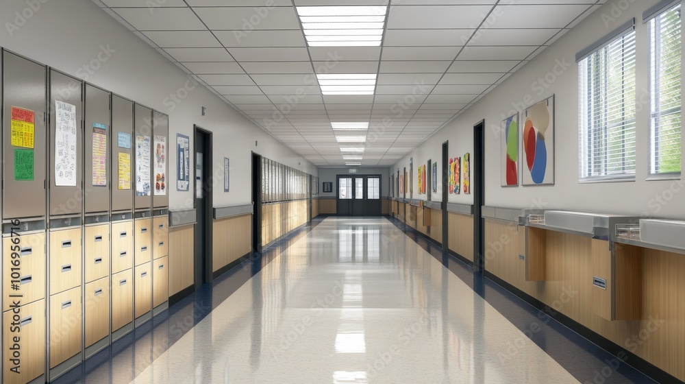 A school hallway with storage cabinets lining the walls, providing ample space for students to store their belongings. A school hallway with storage cabinets lining the walls, providing ample space for students to store their belongings.