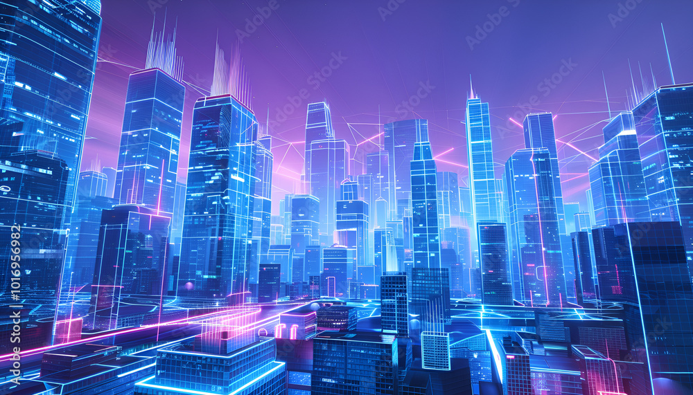 Obraz premium Futuristic cityscape with holographic buildings and neon lights, showcasing advanced architectural planning