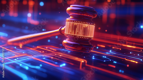 A judgeâs gavel hovers in a futuristic digital environment, surrounded by glowing data streams and circuit-like patterns, symbolizing the enforcement of cybersecurity laws. The tra photo