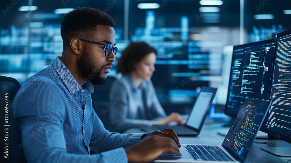 A team of software developers is hard at work in a modern office environment. In the foreground, an African American man is deeply focused on his laptop, surrounded by multiple mon A team of software developers is hard at work in a modern office environment. In the foreground, an African American man is deeply focused on his laptop, surrounded by multiple mon