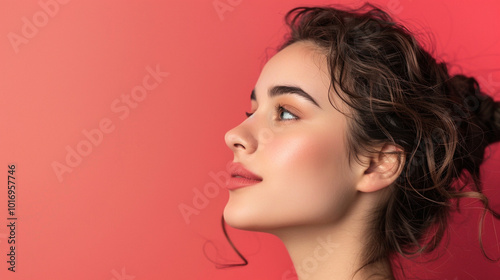 Side view young happy woman, close up, mock up area isolated on light red background