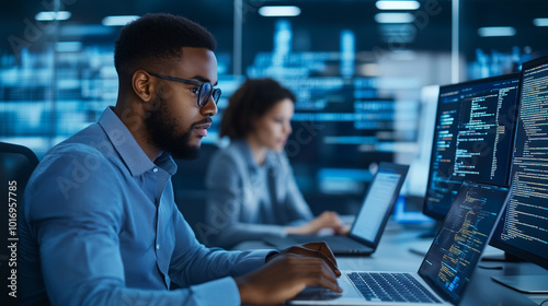 A team of software developers is hard at work in a modern office environment. In the foreground, an African American man is deeply focused on his laptop, surrounded by multiple mon