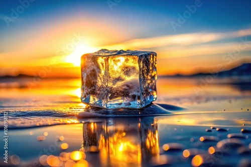 Melting ice cube in warm sunset light reflecting on shiny surface background