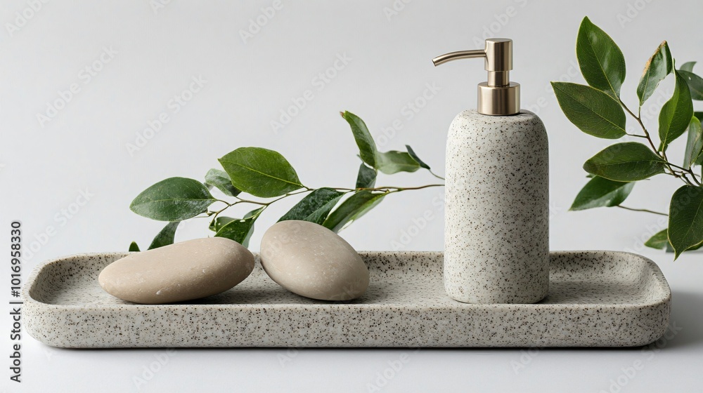 Stylish marble soap dispenser and tray, isolated on a minimalist background with decorative stones and green leaves Stylish marble soap dispenser and tray, isolated on a minimalist background with decorative stones and green leaves