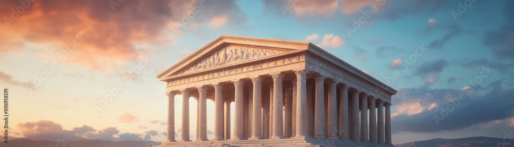Majestic ancient temple against a vibrant sky at sunset, showcasing classical architecture and historical beauty. Majestic ancient temple against a vibrant sky at sunset, showcasing classical architecture and historical beauty.