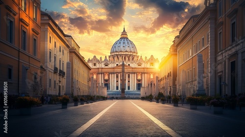 Stunning Sunset Views of St. Peter's Basilica: A Serene Evening along Via della Conciliazione in Vatican City