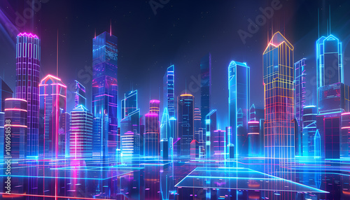 Futuristic cityscape with holographic buildings and neon lights, showcasing advanced architectural planning