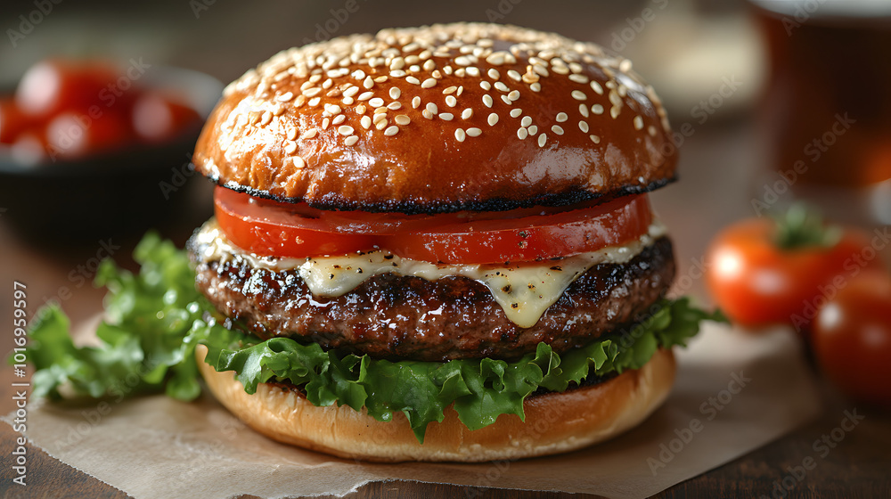 A close-up of a juicy burger topped with melted cheese, fresh lettuce, and a ripe tomato, served on a golden bun. This mouthwatering image captures the essence of comfort food, highlighting the rich t A close-up of a juicy burger topped with melted cheese, fresh lettuce, and a ripe tomato, served on a golden bun. This mouthwatering image captures the essence of comfort food, highlighting the rich t