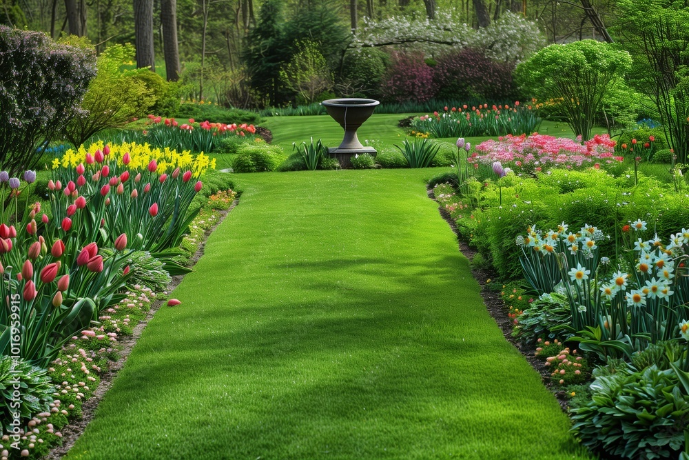Fototapeta premium A picturesque summer garden with a neatly manicured lawn, bordered by flower beds filled with tulips, daffodils, and daisies, and a birdbath as the focal point.