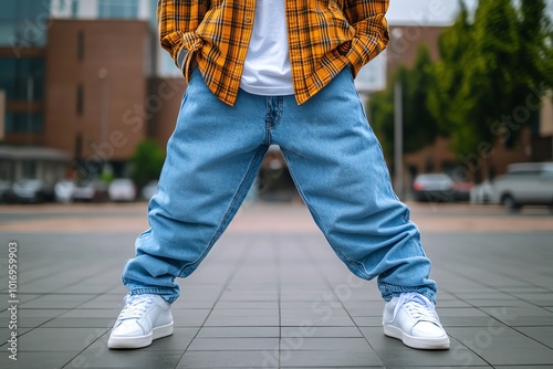 Person wearing baggy jeans and oversized flannel, capturing the fashion trends of the 1990s grunge era