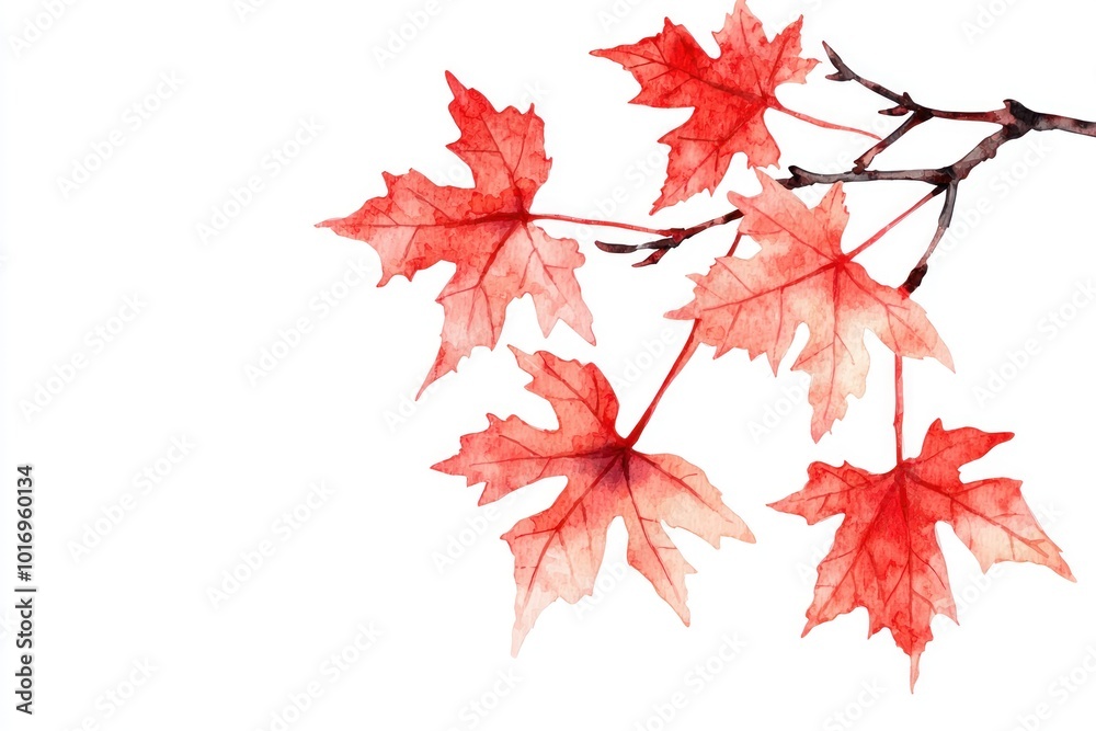 Watercolor Red Maple Leaves on Branch Generative AI Watercolor Red Maple Leaves on Branch Generative AI