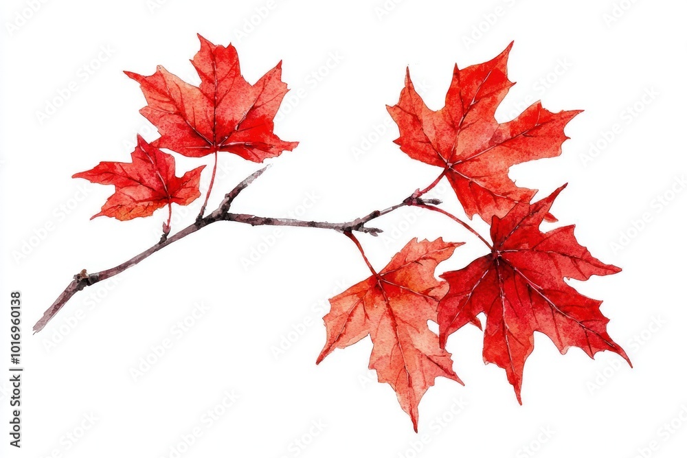 Watercolor Red Maple Leaves on Branch Generative AI Watercolor Red Maple Leaves on Branch Generative AI