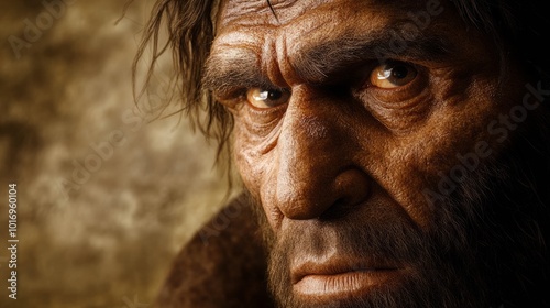 Obraz na plátně A close-up portrait of a Neanderthal man, showcasing his rugged features and piercing gaze