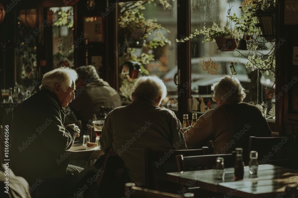 Group of seniors sitting in a pub, drinking beer and talking. Group of seniors sitting in a pub, drinking beer and talking.