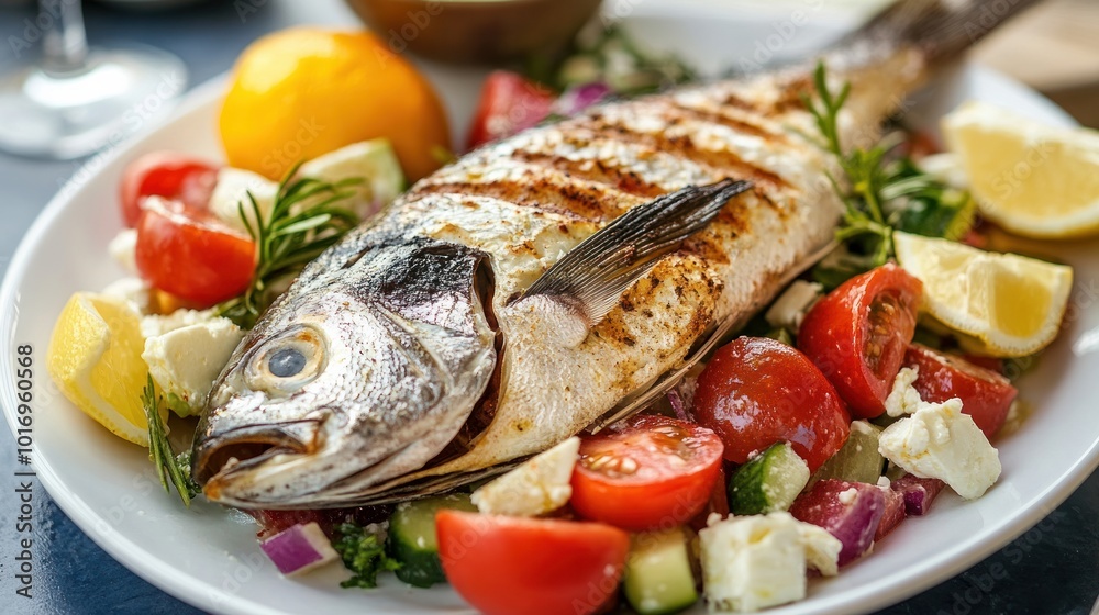 Greek salad and traditional Dorada fish from Kissamos, Crete, the Greek Islands, Greece, and Europe Greek salad and traditional Dorada fish from Kissamos, Crete, the Greek Islands, Greece, and Europe