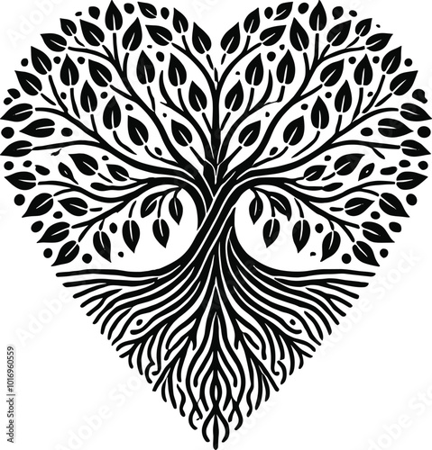 Love Shape Tree of Life tribal vector black, generative ai, vector illustration.