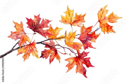 Watercolor Orange Autumn Leaves on Branch Generative AI