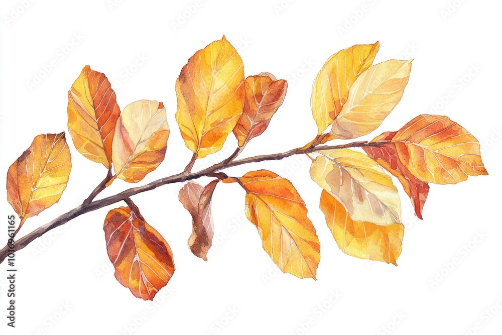 Fototapeta premium Watercolor Branch with Yellow Autumn Leaves Generative AI
