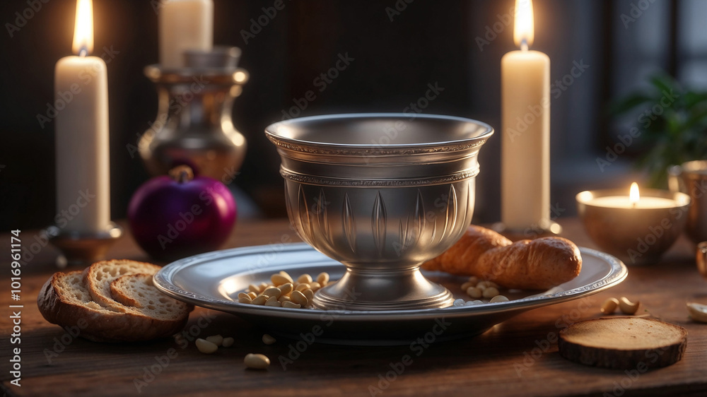 Table setting for Shabbat with silver Kiddush cup, bread, and lit candles creating a warm atmosphere Table setting for Shabbat with silver Kiddush cup, bread, and lit candles creating a warm atmosphere