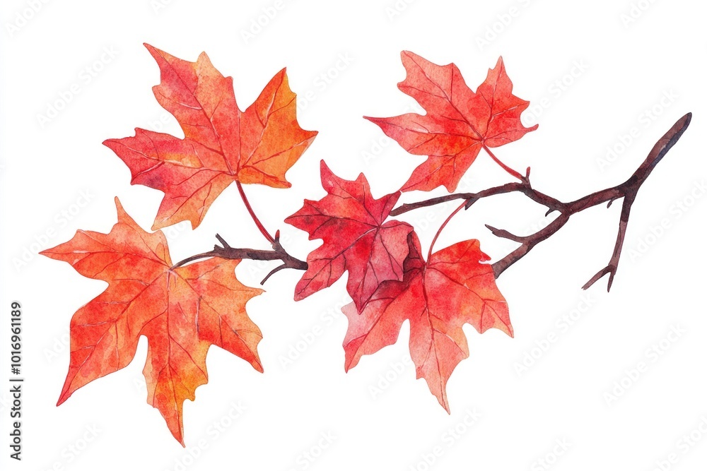 Watercolor Branch with Autumn Leaves Generative AI Watercolor Branch with Autumn Leaves Generative AI