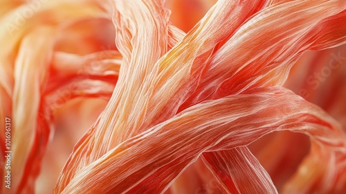 close-up image of human muscle tendons, fibrous tissue connection, detailed anatomical structure, flexible and strong fibers, realistic texture