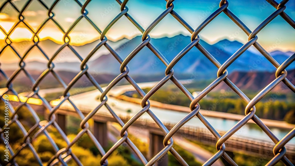 Fototapeta premium Metal patterned fence on blurred mountain and bridge aerial background