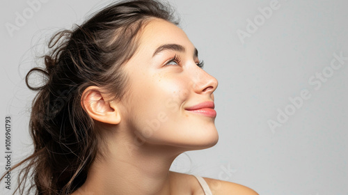 Side view young happy woman, close up, mock up area isolated on white background