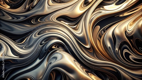 Abstract liquid stains with chrome highlights in black and beige colors, asymmetrical