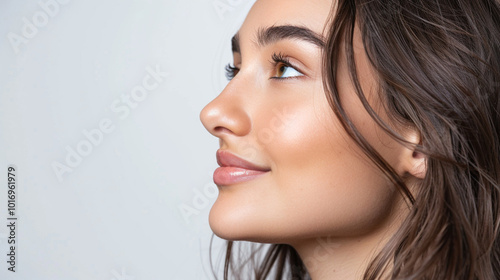 Side view young happy woman, close up, mock up area isolated on white background