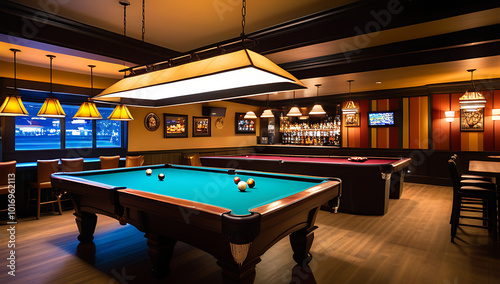 pool billiards table set engaging backdrop intriguing lighting fixtures bustling pool hall lively bar
