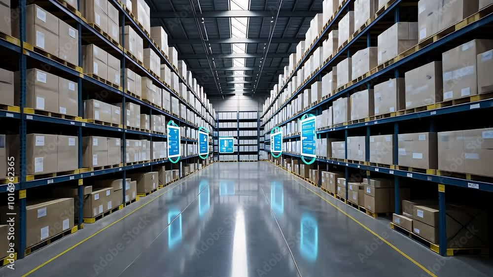 Modern Warehouse with Shelves and Digital Inventory Holograms
Modern Warehouse with Shelves and Digital Inventory Holograms