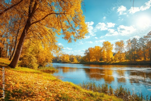 Autumn landscape with golden trees reflecting on a tranquil lake under a clear blue sky Generative AI