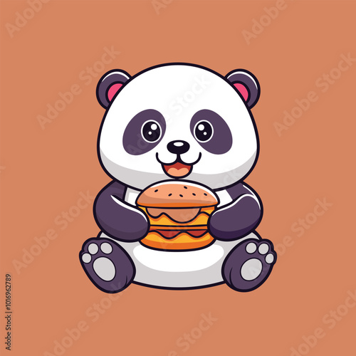 Cute Panda Enjoying Delicious Burger Meal Vector Icon Illustration.