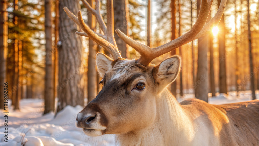 Close-up of a majestic reindeer with antlers in a snowy forest during sunset Close-up of a majestic reindeer with antlers in a snowy forest during sunset