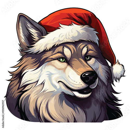 Wolf Wearing Christmas Hat Illustration