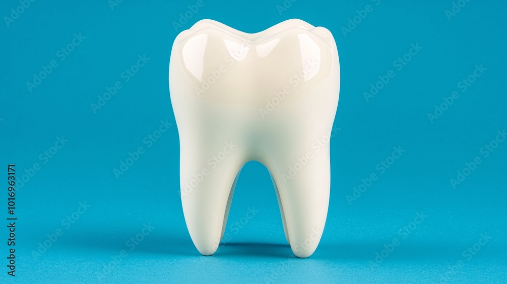 Close-up view of a single human tooth displayed against a vivid blue backdrop, illustrating proper dental hygiene practices with a focus on cleanliness and health