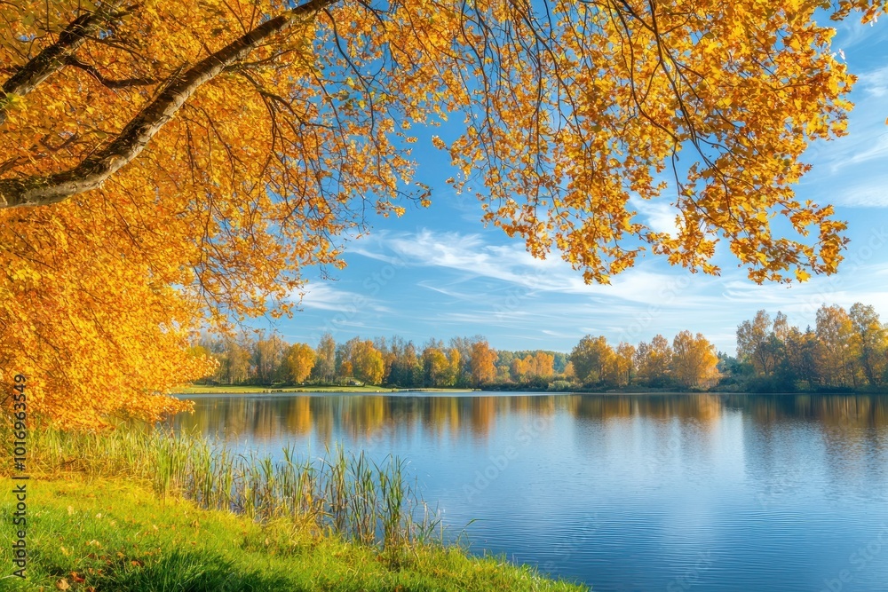 Golden autumn trees reflecting on a calm lake with blue sky and clouds in a serene forest landscape Generative AI Golden autumn trees reflecting on a calm lake with blue sky and clouds in a serene forest landscape Generative AI