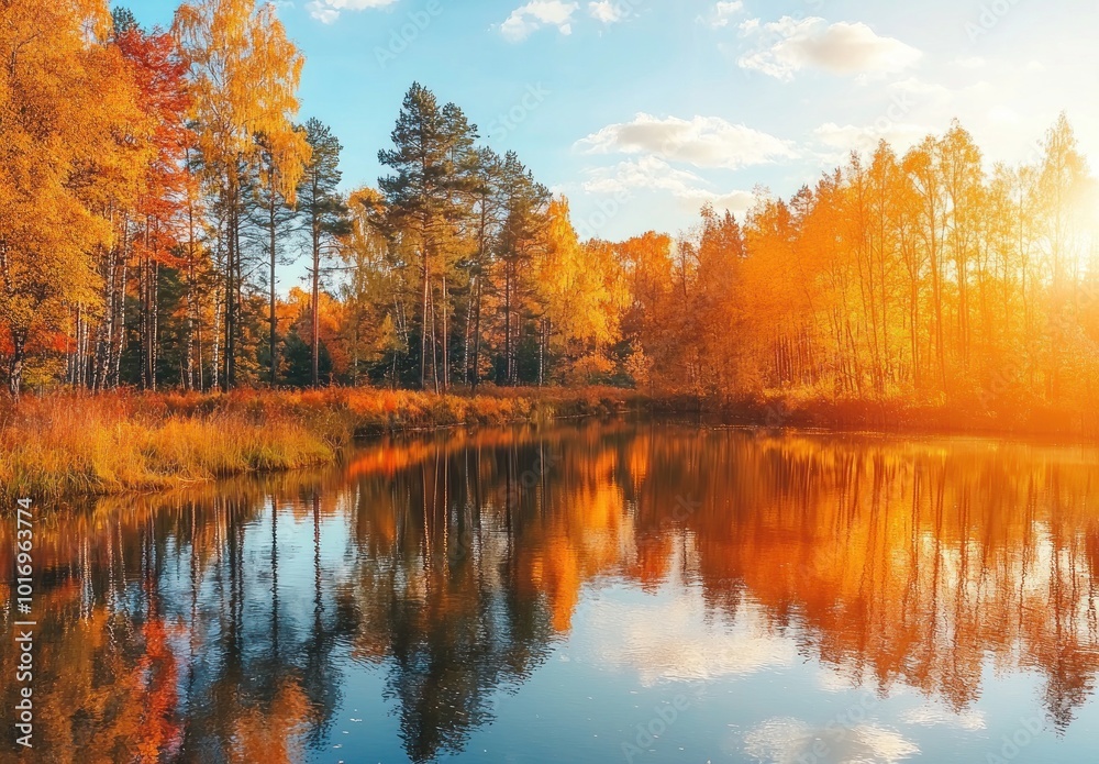 Obraz premium Vibrant autumn landscape with colorful trees reflected in a calm lake during sunset, showcasing nature's beauty Generative AI