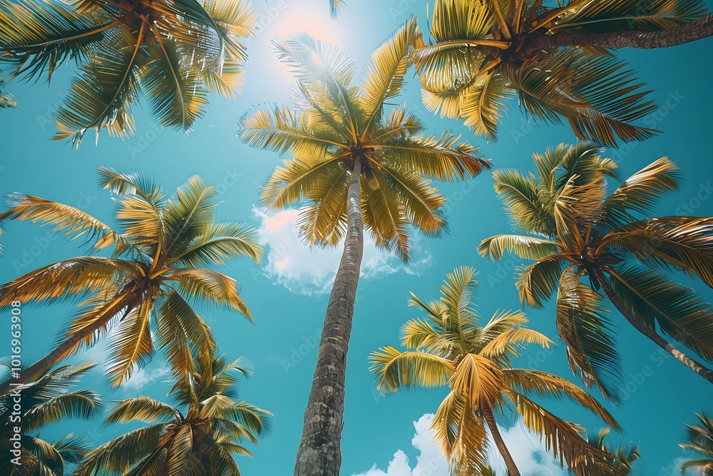 Tall palm trees reaching toward a bright blue sky in a tropical paradise during midday Tall palm trees reaching toward a bright blue sky in a tropical paradise during midday
