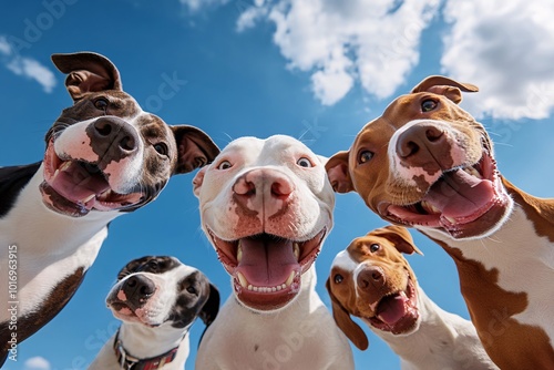 playful dogs looking down at the camera in a circular formation, captured from a low-angle perspective.