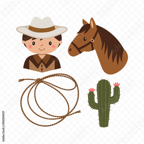 Set of Wild West Elements: Cowboy Equipment, Rodeo Silhouettes, and Lasso-Throwing American Cowboys on Horseback