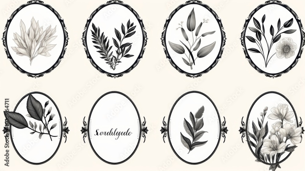 for product labels black and white text frames with plant leaves in the center oval, botanical print for product labels black and white text frames with plant leaves in the center oval, botanical print