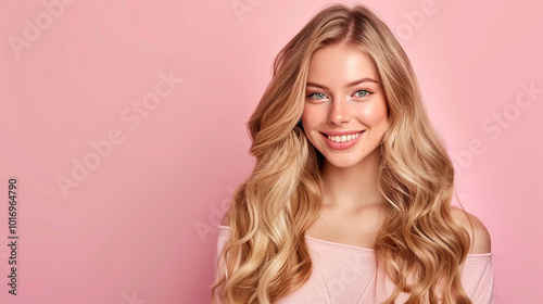 Smiling young woman with blonde long groomed hair isolated on pastel flat background with copy space