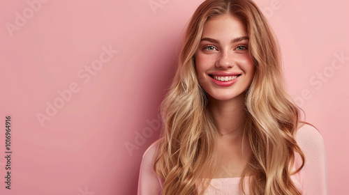 Smiling young woman with blonde long groomed hair isolated on pastel flat background with copy space