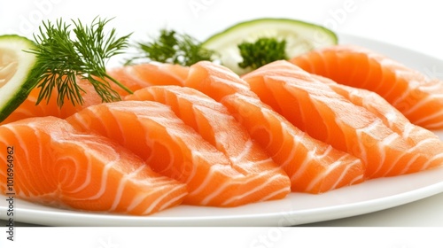 Fresh Salmon Slices on White Plate with Herbs and Lemon